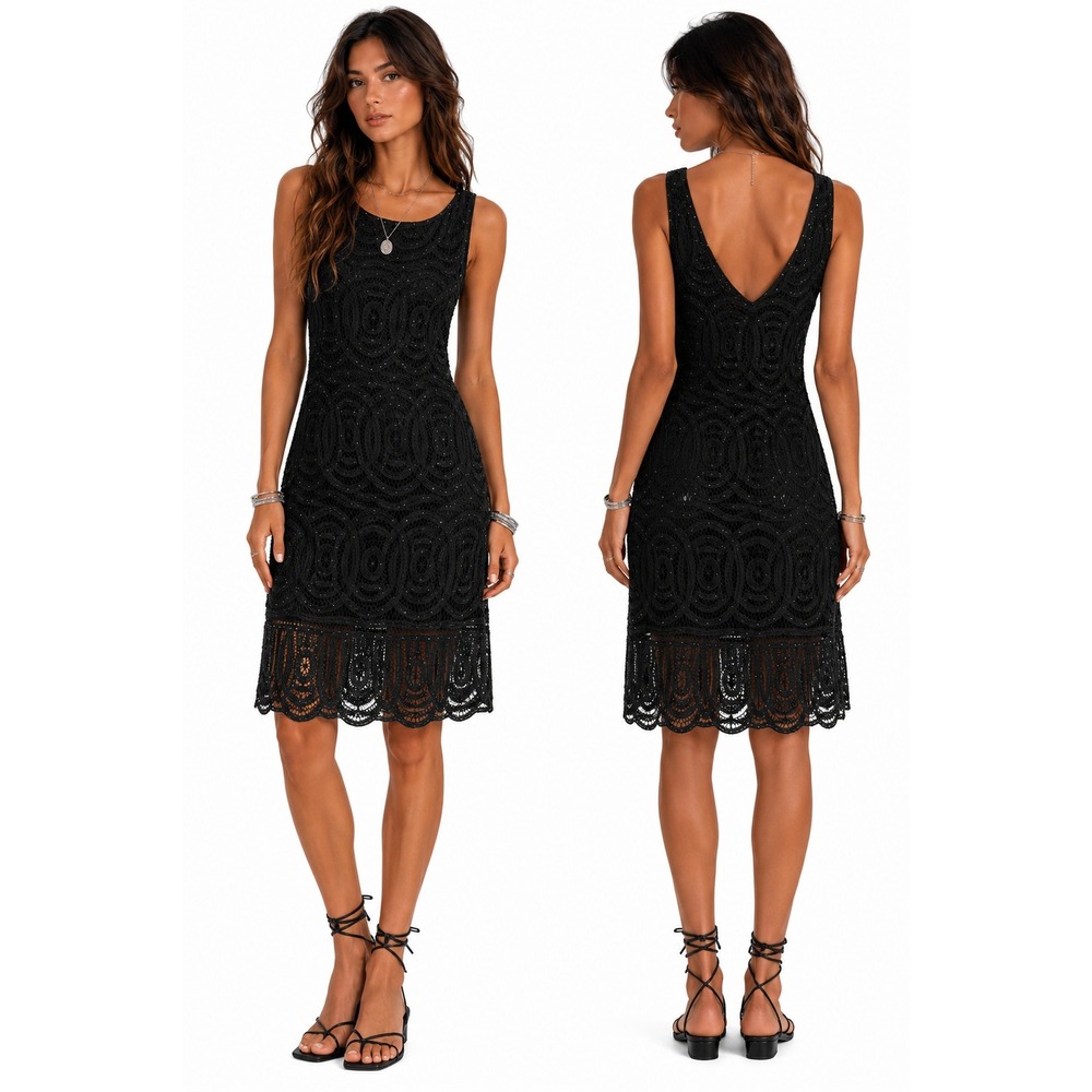 90s Y2K Cache Crochet Lace Beaded Dress S Black Art Deco Whimisgoth Glam Formal